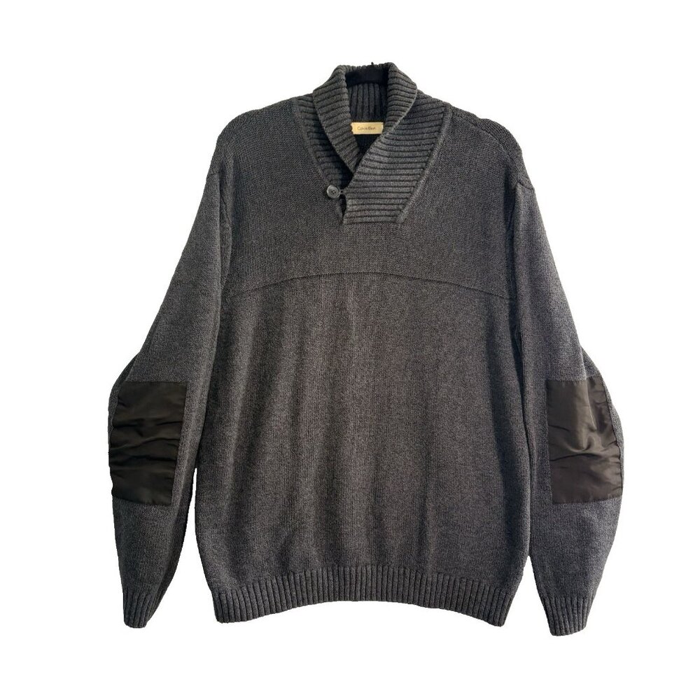 CALVIN KLEIN Men Shawl Collar Elbow‎ Patch Pullover Sweater Sz XL Gray dadcore